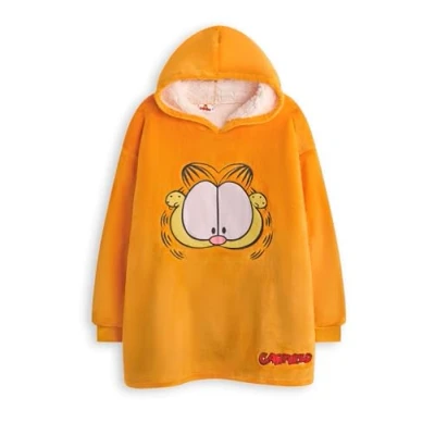 Image de Garfield Couverture portable pour enfants Sweat à capuche en polaire surdimensionné (Orange) Lazy Tabby Cat Face Unisexe Pull Loungewear Cadeau de marchandise film