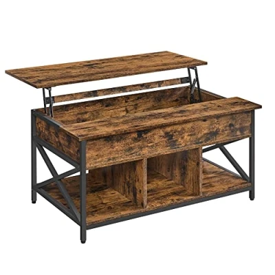 Image de VASAGLE Table Basse, de Salon avec Plateau Relevable, Rangement Ouvert et Compartiment Caché, Barres en Forme X, 60 x 100 (48 62) cm, Marron Rustique Noir LCT205B01