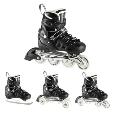 Image de NILS Lot de Patins à roulettes 4 en 1 Triskates Twinkle White ABEC7 LED Light Wheels Taille 31 42 Réglable (Noir, L (39 42))