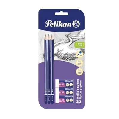 Image de Pelikan 24005807 Kit de 3 crayons graphite HB E caoutchouc AL30, ensemble scolaire, bois certifié FSC, tige peinte à section hexagonale, Mines résistantes la rupture