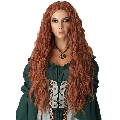 Image de PORSMEER 28 pouces perruque pour femmes perruques longues bouclées femmes, longue bouclée au centre naturel, d’Halloween Cosplay Auburn