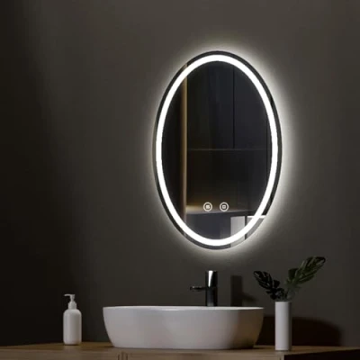 Image de EMKE Miroir LED Salle de Bain 50x70cm. Ovale avec 3 Couleurs Lumière Gradables, Antibuée, Fonction Mémoire, Tactile IP44. Éclairage Horizontal/Vertical