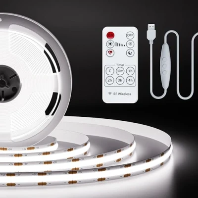 Image de PAUTIX Bande lumineuse LED COB Blanc 6000K USB5V avec télécommande RF, 640LEDs/2M Dimmable Strip Lights CRI90+ Kit d&#039;éclairage flexible pour armoires de cuisine Chambre TV rétroéclairage DIY