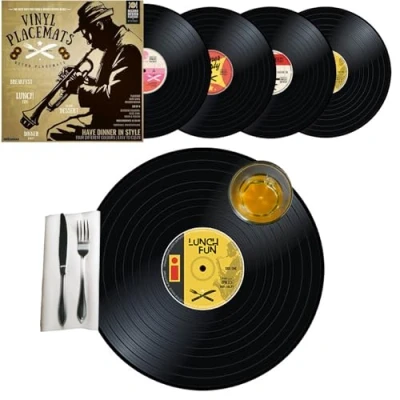 Image de Mikamax Vinyl Placemats Rétro Plaques de Disques 4 Sets Table Nostalgique Records Vinyle Décoration Ronds Noir