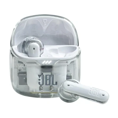 Image de JBL Tune Flex Ghost Edition, Écouteurs sans fil Bluetooth, Son Pure Bass JBL, Réduction de Bruit Active et Smart Ambient, jusqu&#039;à 32h d&#039;autonomie, 4 micros résistance IPX4, White