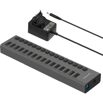 Image de SABRENT 16 Ports hub USB et Chargeur USB, alimenté Station de Charge 3.2 Data Hub, 12V/7.5A 90W Adaptateur Alimentation, multiport avec des commutateurs individuels Indicateurs LEDs