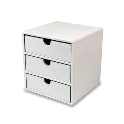 Image de OSCO Commode à 3 tiroirs en similicuir blanc Rangement de petits objets Empilable Récipient Lego Conteneur maquillage Boîte bijoux Organiseur papeterie Pas format A4 H 18,2