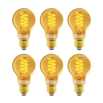 Image de Amazon Basics Lot de 6 ampoules LED E27, vintage, verre ambré rétro style antique, A60, 4 W (équivalent à 25 W), lumière ultra chaude 1800 K pour la décoration