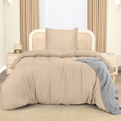 Image de Utopia Bedding Housse de Couette 1 Personne 135x200 cm avec Taie d&#039;oreiller Brodée 80x80 (Beige) Parure lit Ensembles Housses en Microfibre brossée Douce