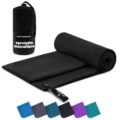 Image de ZENACROSS Serviette Microfibre avec Sac de Transport Sport Compacte, Séchage Rapide et Absorbante Taille XL 180 x 90 cm Noir