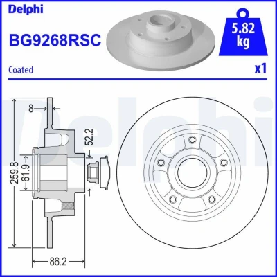 Image de DELPHI BG9268RSC Disque de frein 260 8 5 plein revêtu non traité avec roulement roue, bague ABS, RENAULT: Megane 4