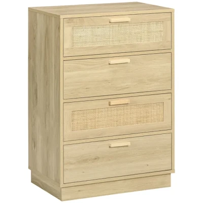 Image de Commode design bohème en rotin HOMCOM 4 tiroirs meuble de rangement bois naturel