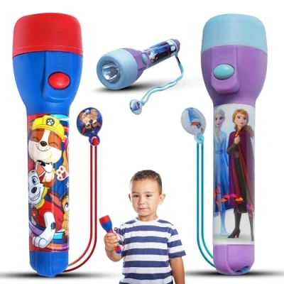 Image de 2x grandes torches LED, lampe de nuit Paw Patrol, poche Frozen, portatives à utiliser pour Noël, le camping, la randonnée, les urgences, pêche, actionnées par 2 x AA (incluses)