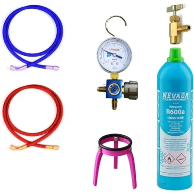 Image de M Shop Italia GROUPE MANOMÉTRIQUE SIMPLE R600a BASSE PRESSION RECHARGE FRIGORIFERS AVEC TUYAUX, ROBINET ET BOUTEILLE