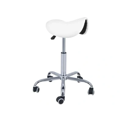 Image de QUIRUMED Tabouret Pony 5 Roues, Base chromée, Blanc, revêtement en Similicuir, réglable Hauteur, léger, Design Ergonomique, pivotant, jusqu&#039;à 150 kg