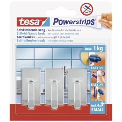 Image de Tesa 575400001201 Powerstrips Pack de 3 Mini Crochets rectangulaire avec 4 Languettes Chrome