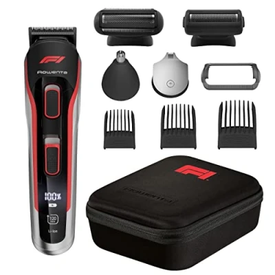 Image de Rowenta Multiaccessoires Formula 1 TN944M tondeuse à barbe et cheveux homme corps, nez oreilles, lames en acier inoxydable, précision optimale, autonomie 120 min, noir rouge