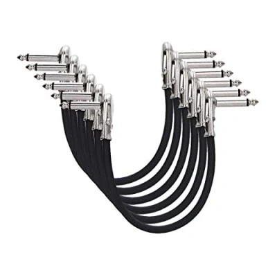 Image de Amazon Basics Auxiliaire Câble Patch Guitare pour Pédales d&#039;Effets, Microphones, Consoles de Mixage, Amplificateurs, Connecteur Angulaire 6,35 mm, Bloque Interférences, lot 6, 15 cm, Noir