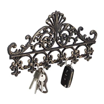 Image de Relaxdays Patère porte manteau en fonte avec 5 crochets style baroque antique ancien HxlxP: 17 x 35 3,5 cm bronze