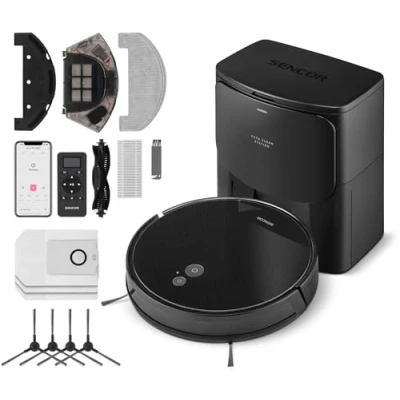Image de SENCOR Robot Aspirateur Laveur Puissant, Vidage Automatique, EasyClean+ Ultra Mince Haute Performance, Autonomie Prolongée, Tous Types de Sols, Sol Multifonction 6485BK