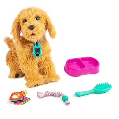 Image de Joy Toy MOJI, Le Grand Chiot Labradoodle interactif avec 150 réactions, Chien câlin réagit aux Commandes vocales, au Toucher et Cartes fournies, 35 cm