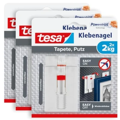 Image de tesa Lot de 3 paquets 2 Clous Adhésifs Ajustables pour Papier Peint &amp; Plâtre kg Hauteur Ajustable Avec 6 Languettes Adhésives par paquet Blanc