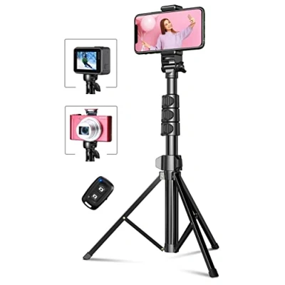 Image de CIRYCASE Trépied Smartphone, 142cm Extensible Perche a Selfie Monopods Trepied Aluminium avec Télécommande Bluetooth &amp; Support de Téléphone Universel Compatible iPhone, Appareil Photo et Gopro