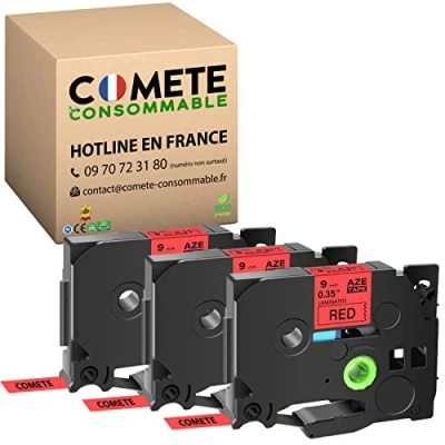Image de COMETE 3 Ruban Compatible avec TZe 421 Tz Tze421 pour Étiqueteuse Brother P Touch PT D200 1010 1000 H100LB E100VP H107B E110 GL H105 H200 9mm x 8m Noir sur Rouge