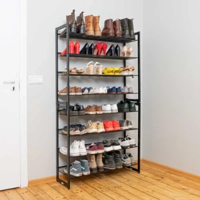 Image de Tatkraft Giza Étagère à Chaussures, 8 Niveaux, en Métal, Ensemble de 2 Organiseurs Empilables 4 Robuste, Étroite, Réglable, Noir