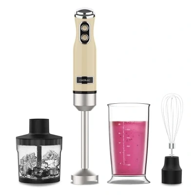 Image de Cecotec Blender Power RetroYellow 1200MAX Cream&amp;Crush. Mixeur plongeant rétro d&#039;une puissance maximale de 1200 W, lame à 4 lames avec revêtement en titane noir et vitesse réglable.