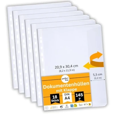 Image de perfect line 18 Pochettes porte documents avec rabat DIN A4, pochette plastique transparentes, films transparents solides premium, Transparent comme du verre, lisse, extra fort, Fabriqué en UE