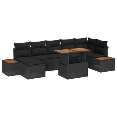 Image de VidaXL Ensemble de salle à manger jardin 8 pièces avec coussins Noir Rotin Poly Acacia 3350090