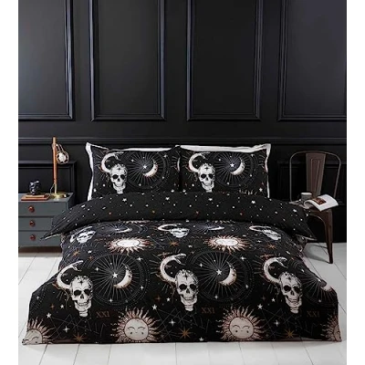 Image de Rapport Home Parure de lit Simple en Microfibre Motif Tarot Crânes et Stellar Noir