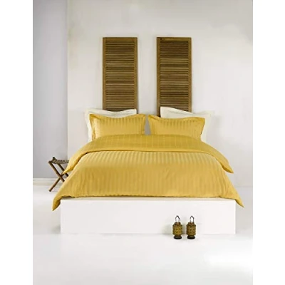 Image de de Witte Lietaer Parure Zygo Housse Couette + 2 Taies d&#039;Oreiller avec Volant Coton Peigné Jaune Ocre 140 x 220 cm
