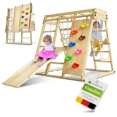 Image de Juskys Maxi Structure pour Enfants Aire de Jeux Intérieure avec Toboggan, Mur d&#039;Escalade, Filet à Grimper &amp; Balançoire Tour Pliable en Bois Coloris Naturel