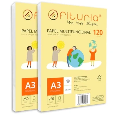Image de Ramette de papier A3 120g avec 500 feuilles blanches, multifonctionnel pour un usage scolaire et professionnel. Idéal imprimantes laser, à jet d’encre ou photocopieuses Ofituria