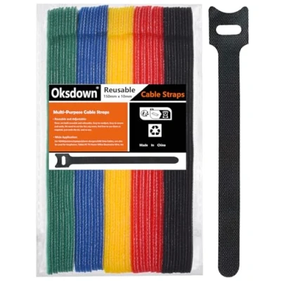 Image de Oksdown Lot de 50 Multicolore Attaches Câble Sangle Réutilisable Scratch Serre Bande avec Crochet et Boucle pour la Gestion des Câbles Organisation