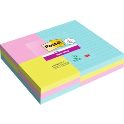 Image de Post it Super Sticky, Couleurs Cosmic, 3 Blocs Lignés Grand Format + 6 Standard, 90 Feuilles par Bloc, Bleu, Vert, Rose Notes Adhésives pour Prise de Notes, Listes Tâches et Rappels