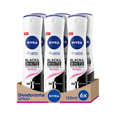 Image de NIVEA Black &amp; White Invisible Original spray 6 x 150 ml, déodorant femme efficace 72 h, anti transpirant contre les odeurs, la transpiration, résidus, irritations et taches