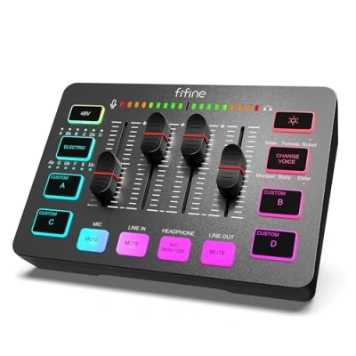 Image de FIFINE Gaming Audio Mixer, Streaming RGB PC Mixer avec Interface Microphone XLR, Contrôle Individuel, de Volume, Bouton Mute, Alimentation Fantôme 48V, pour Podcast Enregistrement