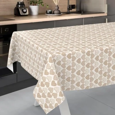 Image de ANRO Nappe en Toile cirée, Lavable, pour Table de Jardin, extérieur et intérieur, Bord coupé, Motif cœur Beige, 220 x 140 cm