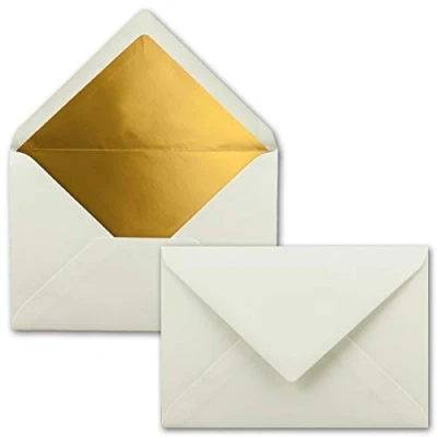 Image de FarbenFroh by GUSTAV NEUSER Lot de 50 enveloppes pour lettres Format B6 Doublure intérieure dorée 12,5 x 17,6 cm Blanc naturel Collage par humectation
