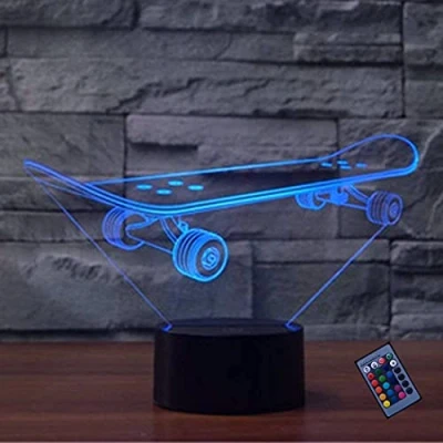 Image de Illusion Optique 3D Planche à Roulette Nuit Lampe 16 Couleurs Changeantes Puissance Télécommande USB Contact Switch Décorative LED de Table Anniversaire Noël Cadeau Enfants Jouets