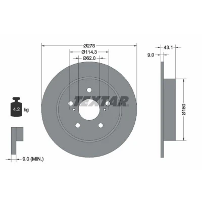 Image de TEXTAR 92222300 Disque de frein 278 9 05/07 114,3 plein sans boulon fix roue, moyeu roue SUZUKI: SWIFT 3, SX4 I 5 portes, Berline