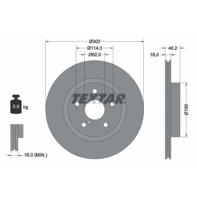 Image de TEXTAR 92093500 Disque de frein 302 18 05/07 114,3 ventilé l&#039;intérieur sans boulon fix roue, moyeu roue TOYOTA: RAV4 I SUV