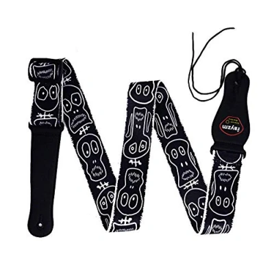Image de rayzm Sangle en Polyester pour Guitare Acoustique/électrique ou Basse, avec Porte médiators et Motifs Cranes, 5cm de Largeur Longueur Réglable 97cm à 155cm