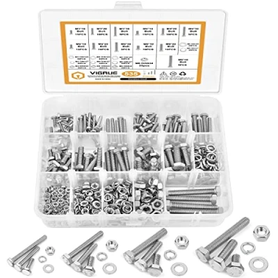 Image de VIGRUE Lot de 535 vis à tête hexagonale M3 M4 M5 M6 en acier inoxydable A2 avec écrous, rondelles DIN933, boulons entièrement filetés, machine, filetées pour réparation