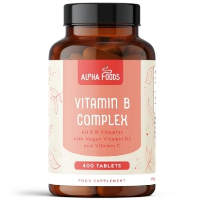 Image de Vitamine B Complex 400 comprimés végétaliens Complexe multivitamines avec vitamines B1, B2, B5, B6, B12, B7 biotine, B9 acide folique, &amp; vit C D3 Énergie soutien immunitaire Alpha Foods