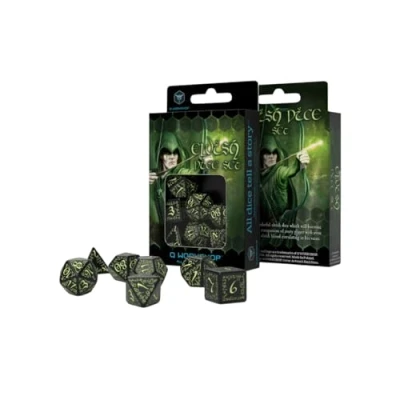 Image de Q WORKSHOP Elven Dice Set de 7 dés polyédriques Noirs et phosphorescents