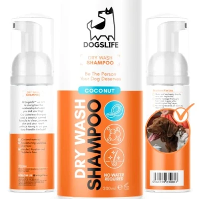 Image de Shampoing sec pour chiens apaisant et désodorisant Parfum 100 % naturel de noix coco Séchage rapide, pas bain nécessaire ! Shampooing frais sans eau
